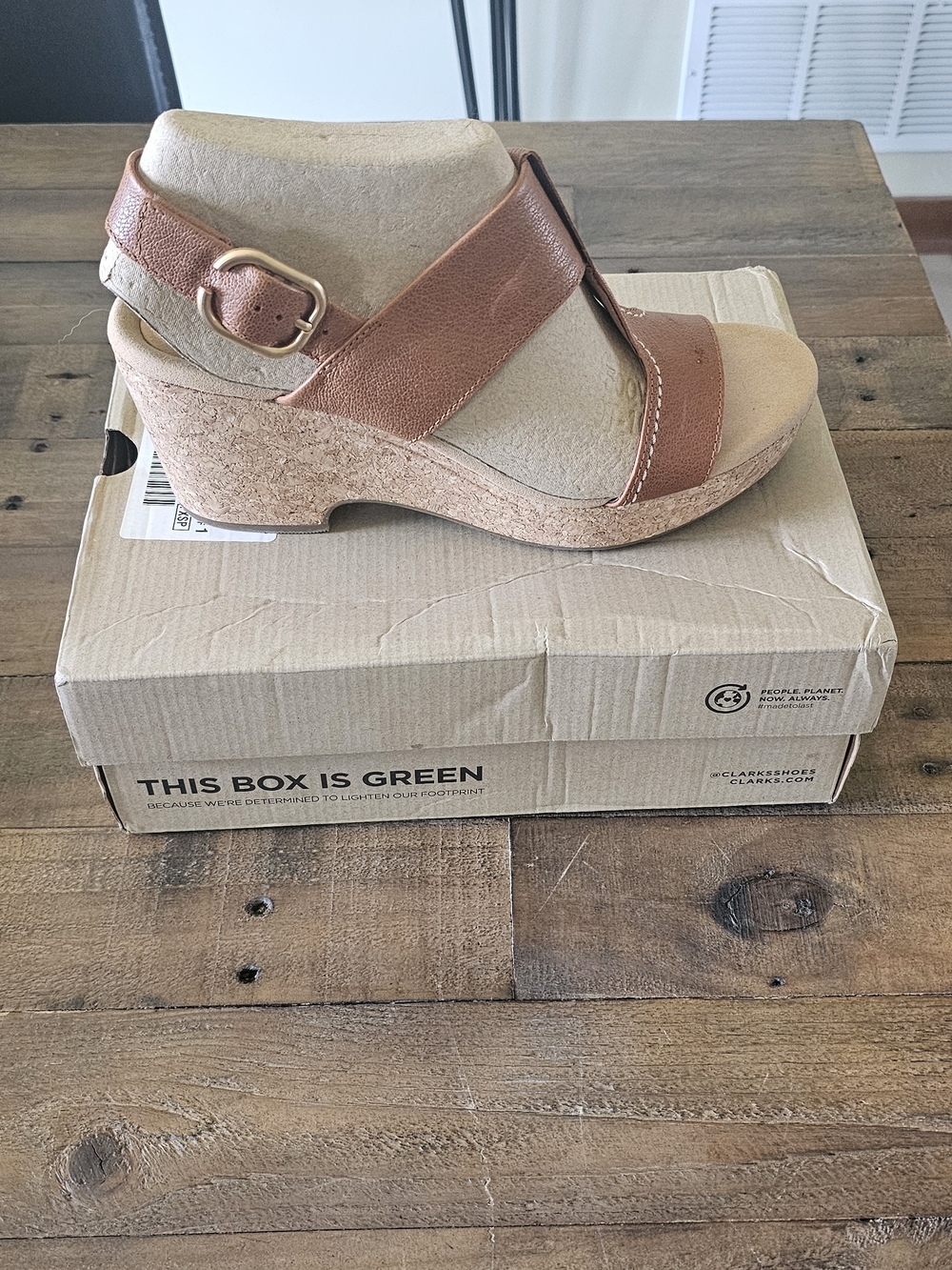 Clarks Tan Leather Cork Wedge Sandals with Gold Buckle